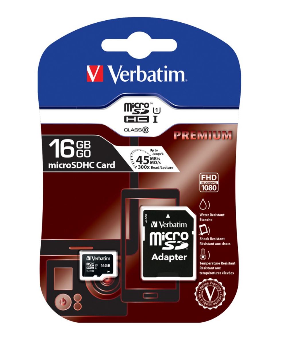 VERBATIM Micro SDHC 16GB (Class 10) with Adaptor Up to 45MB/Sec 300X read speed