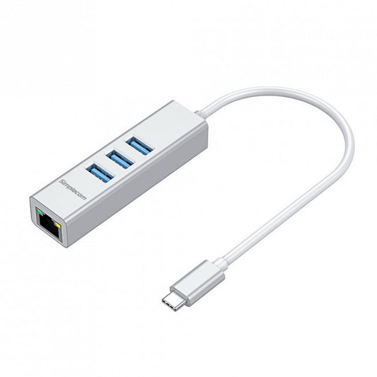 SIMPLECOM CHN421 Silver Aluminium USB-C to 3 Port USB HUB with Gigabit Ethernet Adapter - CBAT-USBCLAN