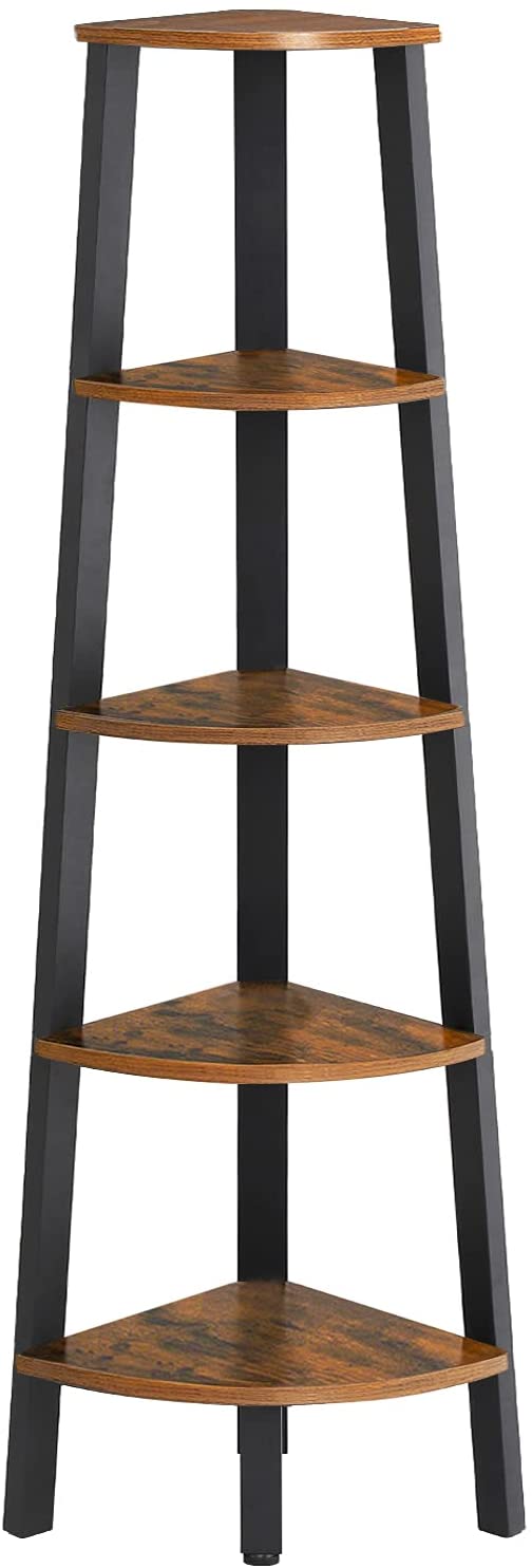 Rustic Brown Metal Frame 5 Tier Corner Shelf