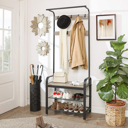 Greige and Black Steel Freestanding Coat Rack Stand with Removable Hooks, Bench and Shoe Rack, Height 183 cm