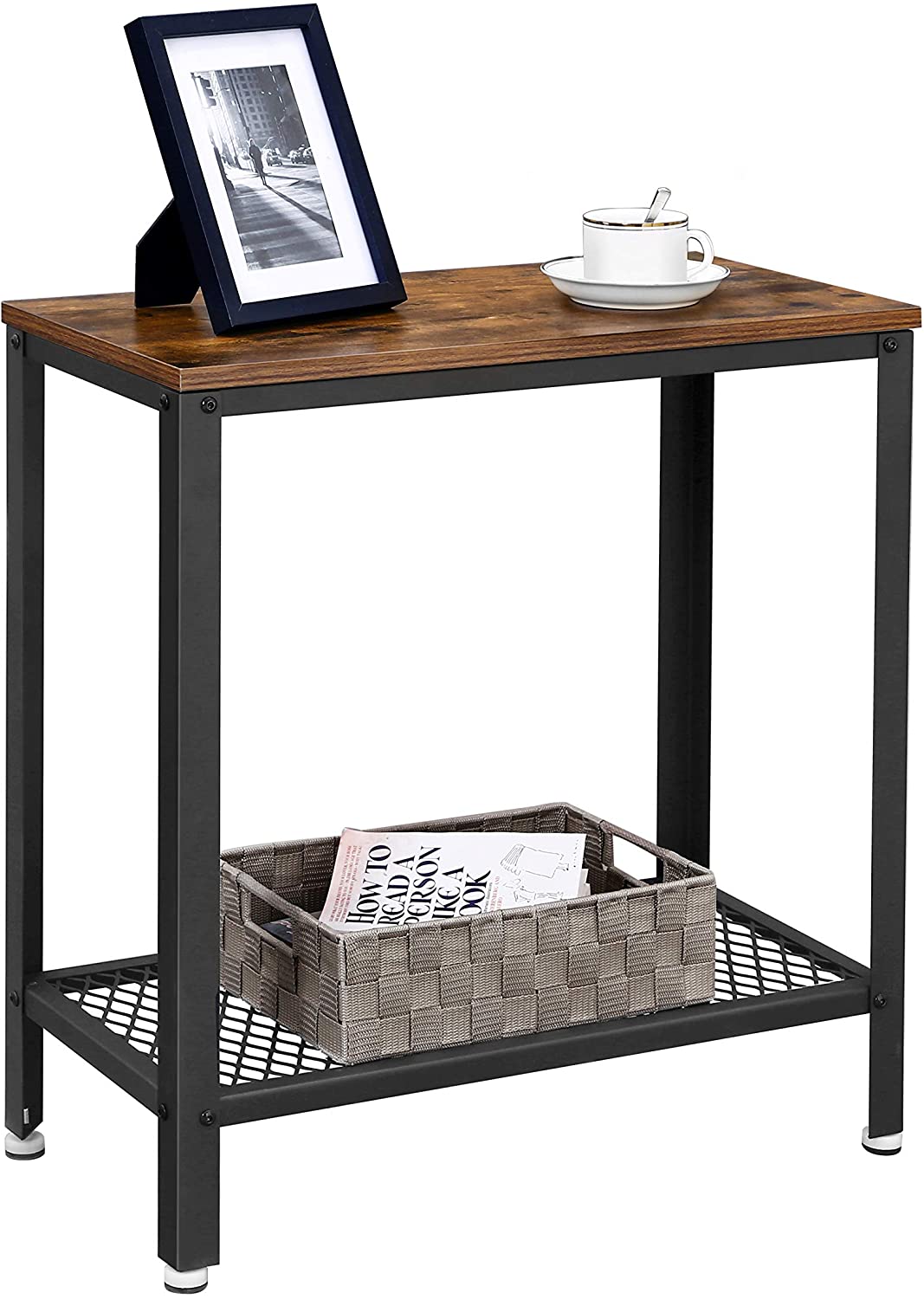 Industrial Side Table 2-Tier With Mesh and Metal Frame Rustic Brown