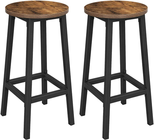 Set of 2 Bar Stools with Sturdy Steel Frame Rustic Brown and Black 65 cm Height