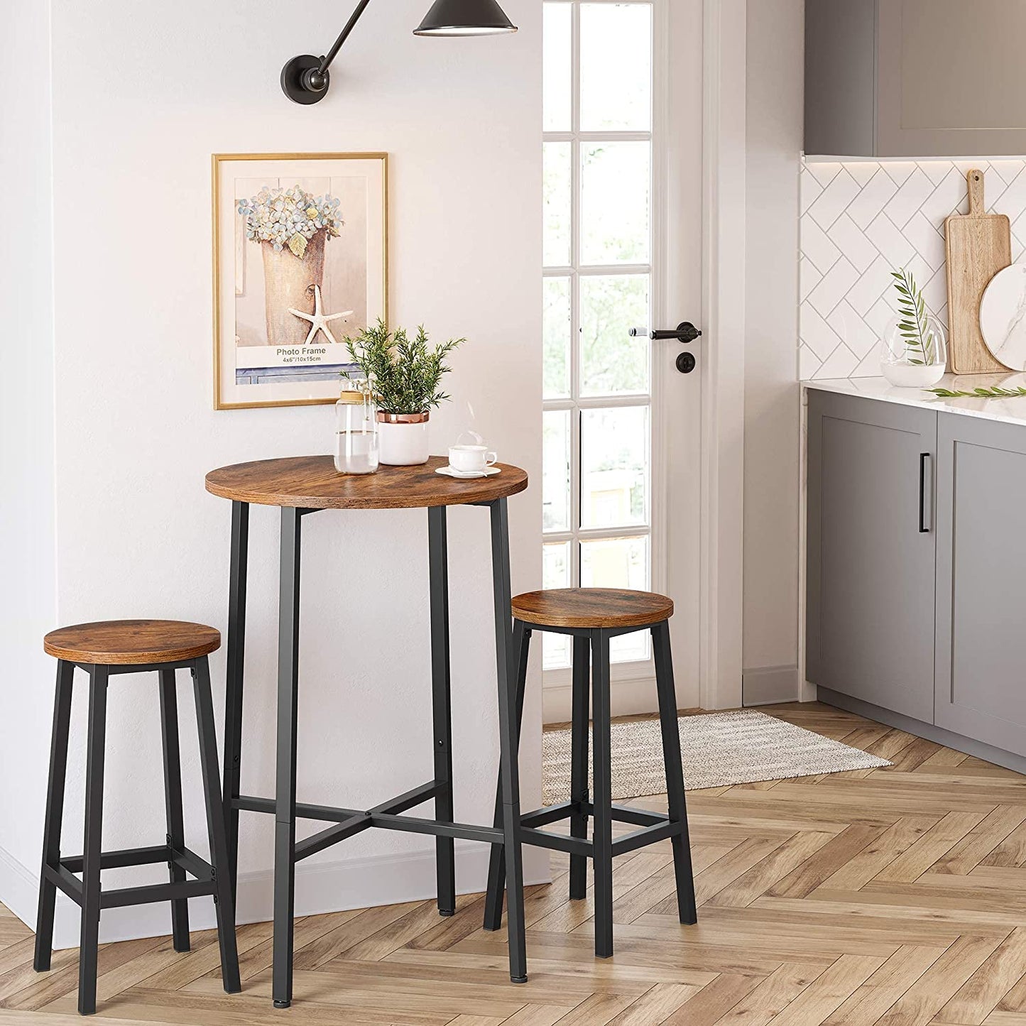 Set of 2 Bar Stools with Sturdy Steel Frame Rustic Brown and Black 65 cm Height