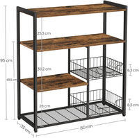 Baker's Rack with 2 Metal Mesh Baskets, Shelves and Hooks, 80 x 35 x 95 cm, Industrial Style, Rustic Brown