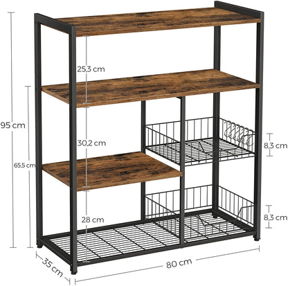 Baker's Rack with 2 Metal Mesh Baskets, Shelves and Hooks, 80 x 35 x 95 cm, Industrial Style, Rustic Brown