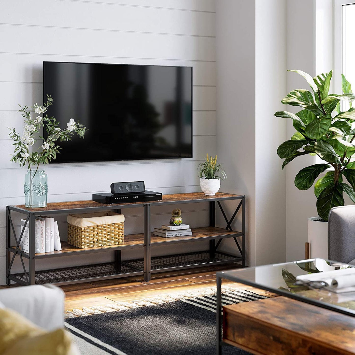 TV Stand for TV Steel Frame up to 178 cm with Shelves for Living Room and Bedroom Furniture Rustic Brown and Black