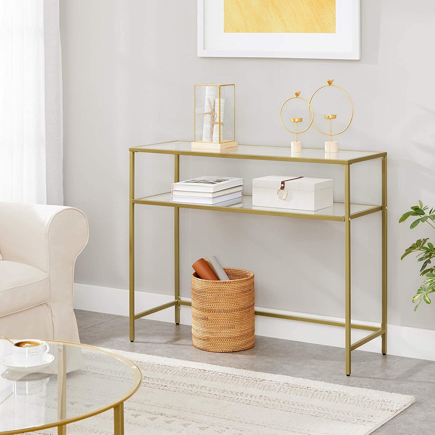 Console Table Metal Frame with 2 Shelves Adjustable Feet