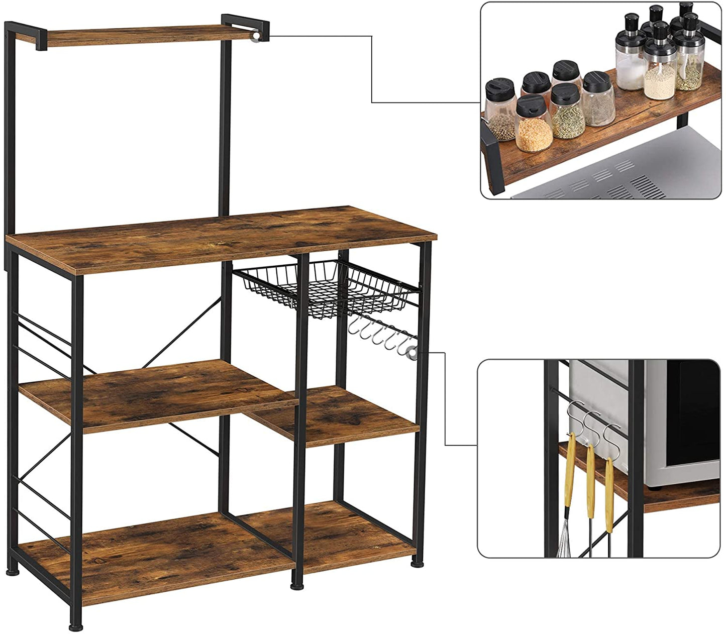 Kithcen Baker's Rack with Shelves Microwave Stand with Wire Basket and 6 S-Hooks Rustic Brown