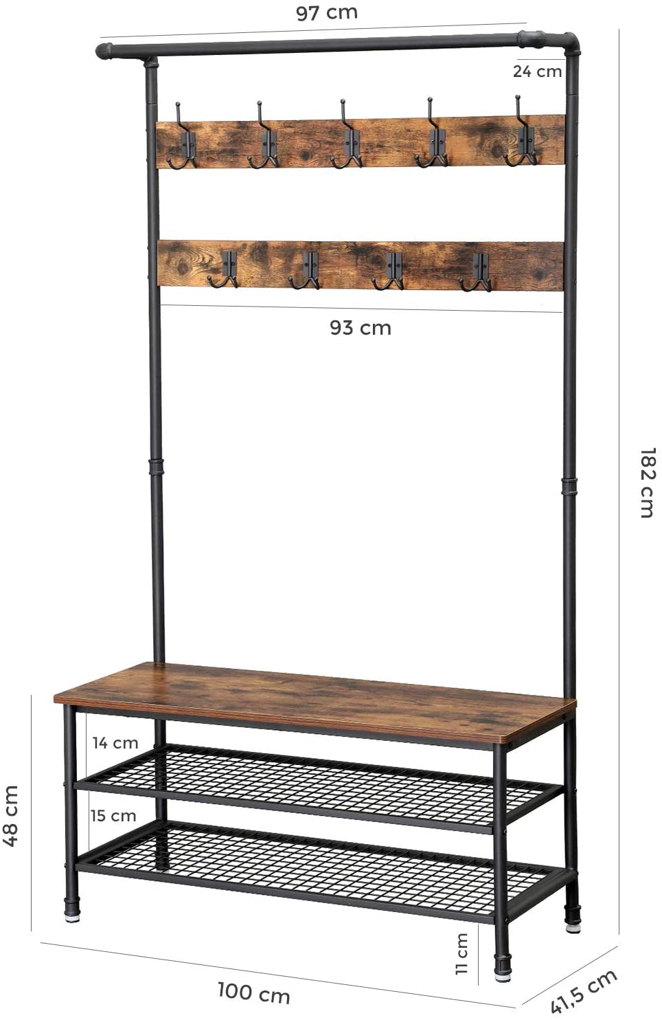 Coat Rack Stand with 9 Hooks and Shoe Rack with Industrial Style Sturdy Steel Frame