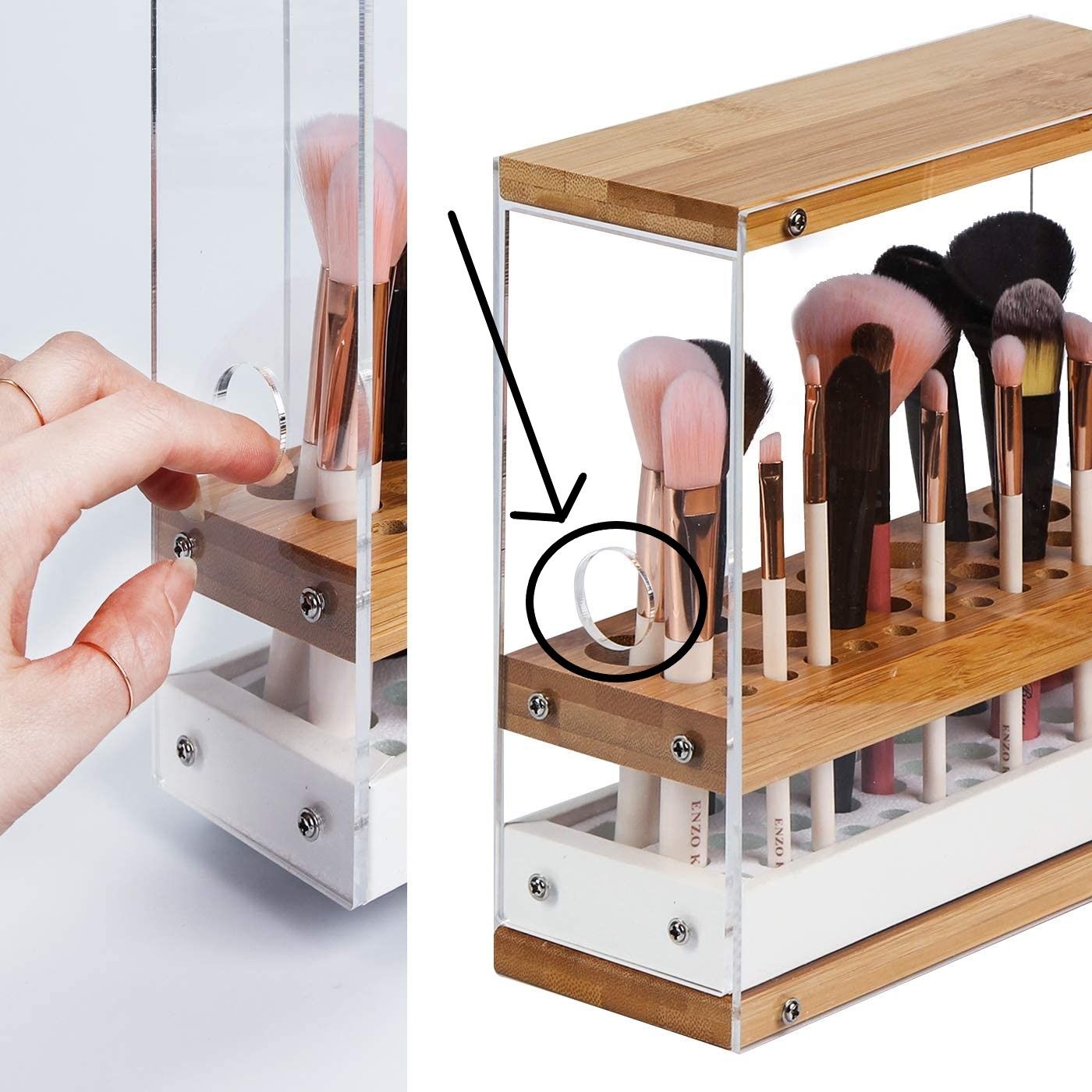 31 Holes Acrylic Bamboo Brush Holder Organiser Beauty Cosmetic Display Stand with Leather Drawer White (22.3 x 8.6 x 21.5 cm)