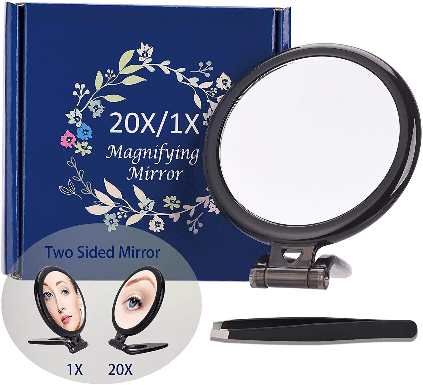 20X Magnifying Hand Mirror Two Sided Use for Makeup Application, Tweezing, and Blackhead/Blemish Removal (10 cm Black)