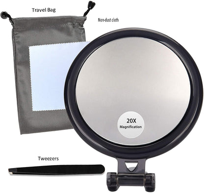 20X Magnifying Hand Mirror Two Sided Use for Makeup Application, Tweezing, and Blackhead/Blemish Removal (10 cm Black)