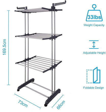 3 Tier Foldable Clothes Drying Rack for Laundry Dryer with Hanger Stand Rail Indoor