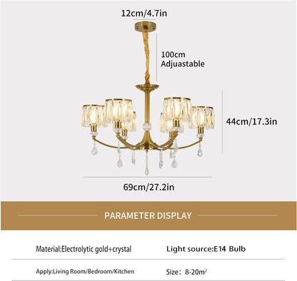 Gold Chandelier, 6 Lights, Wagon Wheel Clear Crystal