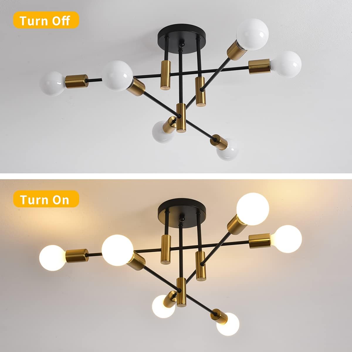 Mid Century Chandelier Modern, 6-Light , Black & Gold