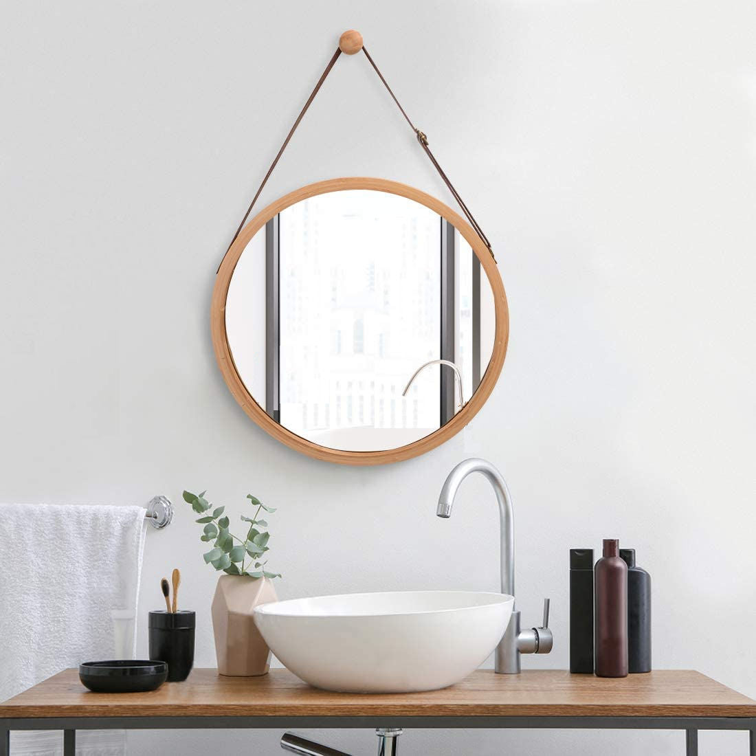 Hanging Round Wall Mirror 45 cm - Solid Bamboo Frame and Adjustable Leather Strap for Bathroom and Bedroom