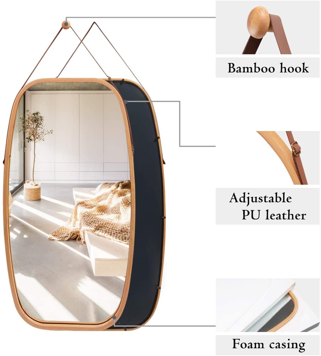 Hanging Full Length Wall Mirror - Solid Bamboo Frame and Adjustable Leather Strap for Bathroom and Bedroom