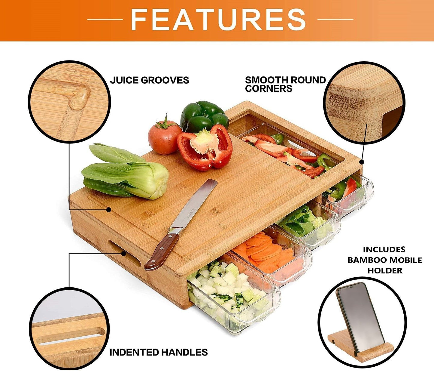 Large Bamboo Cutting Board and 4 Containers with Mobile Holder gift included for Home Kitchen