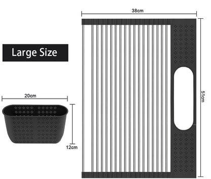 Large Stainless Steel Roll Up Dish Drying Rack with Utensil Holder for Home Kitchen