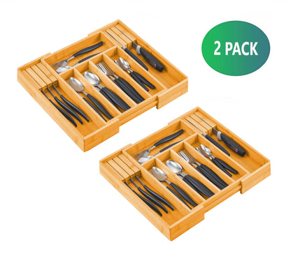 2 Pack Large Capacity Bamboo Expandable Drawer Organizer with Knife Block Holder for Home Kitchen Utensils