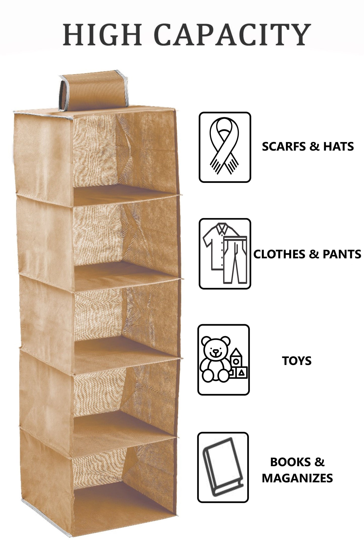 2 Pack 5-Tier Shelf Hanging Closet Organizer and Storage for Clothes (Beige)