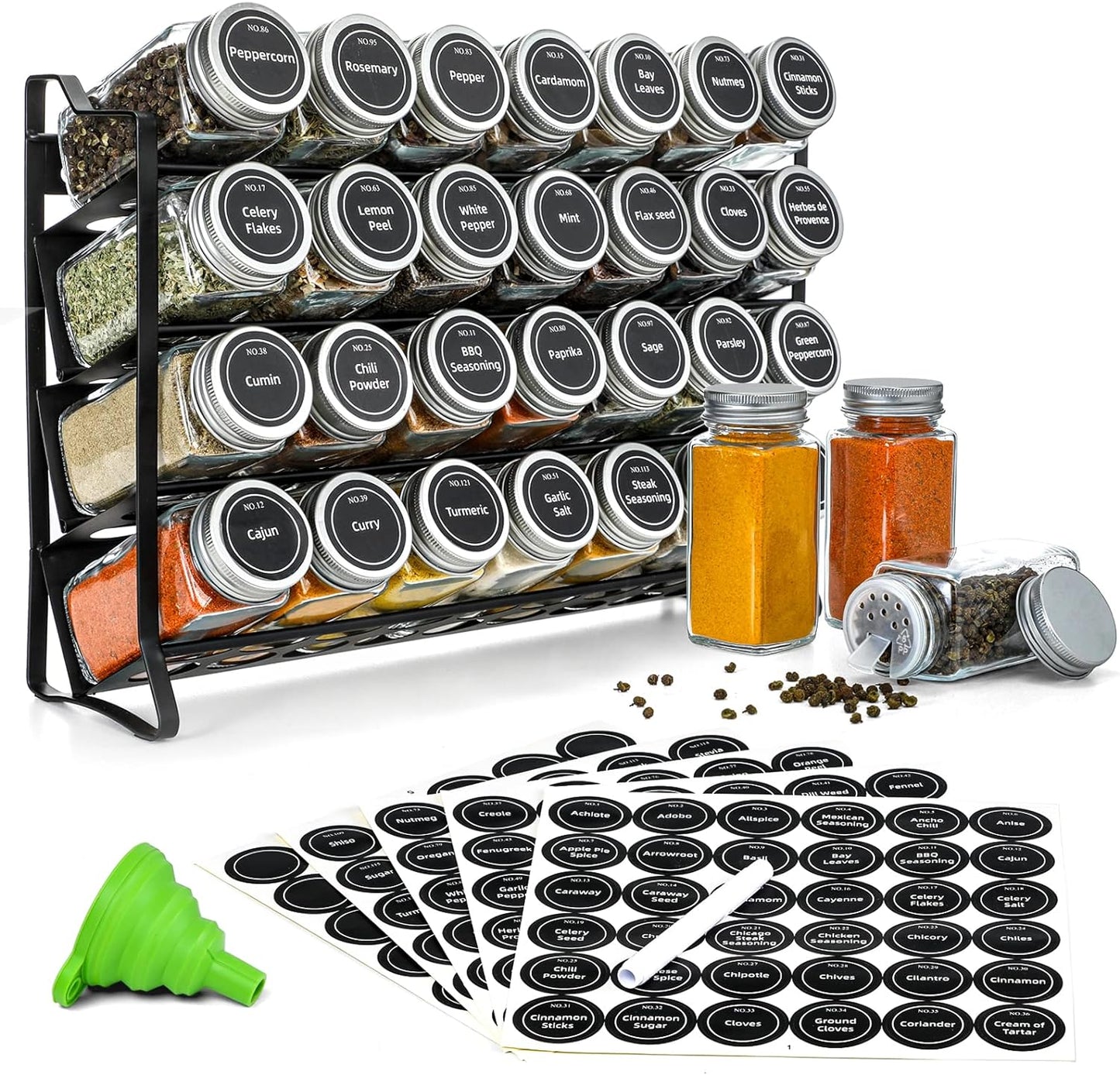 Spice Rack organiser with 28 Spice Jars, Spice Labels, Funnel and Marker for Kitchen Countertop