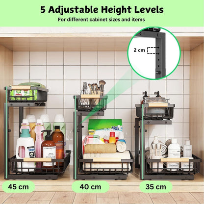 2-Tier Kitchen Under Sink Organiser Storage with Height Adjustable, Unique Slide Rail & Suction Cups for Storage