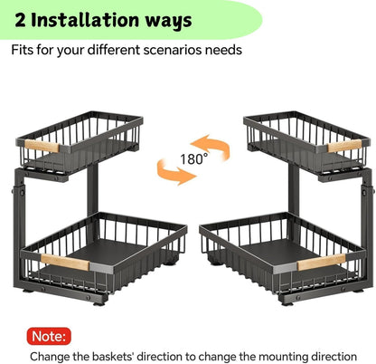 2-Tier Kitchen Under Sink Organiser Storage with Height Adjustable, Unique Slide Rail & Suction Cups for Storage