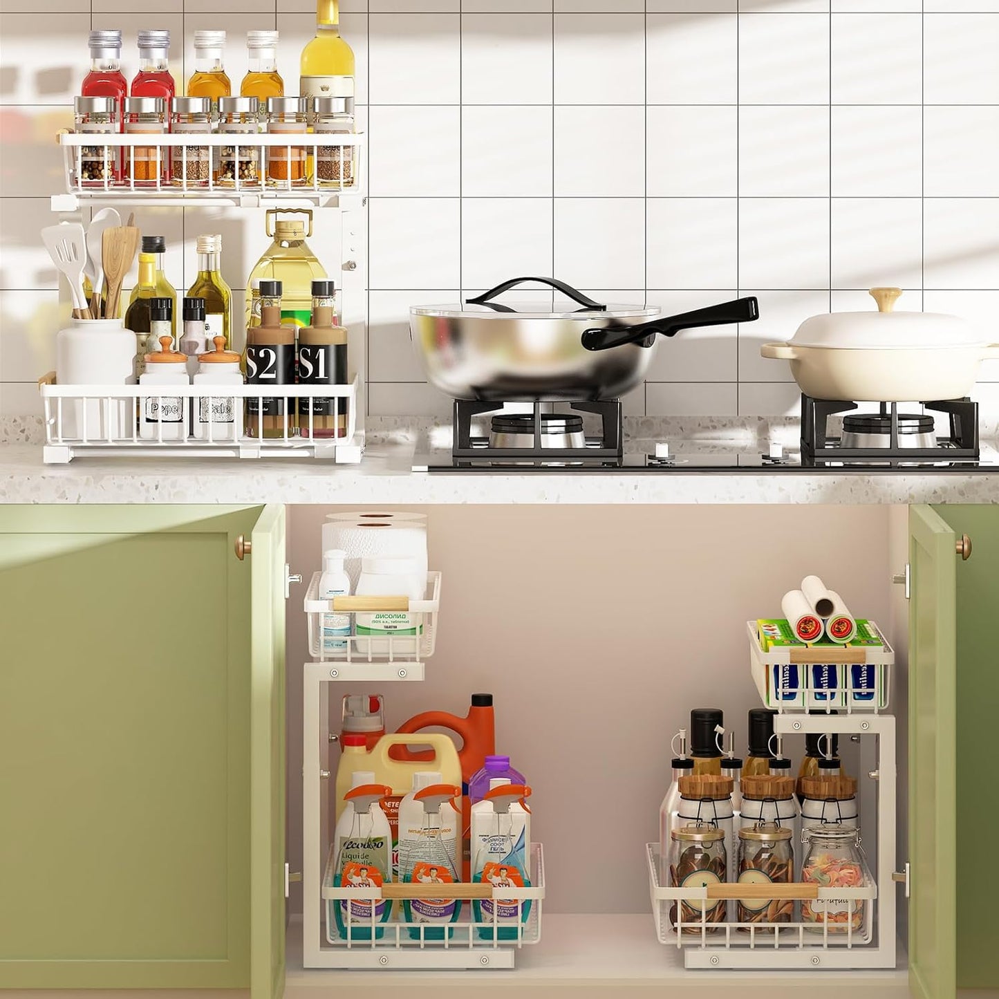 2-Tier Kitchen Under Sink Organiser Storage with Height Adjustable, Unique Slide Rail & Suction Cups for Storage