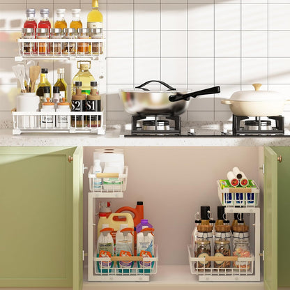 2-Tier Kitchen Under Sink Organiser Storage with Height Adjustable, Unique Slide Rail & Suction Cups for Storage