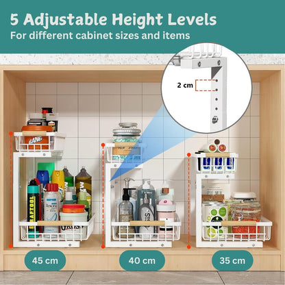 2-Tier Kitchen Under Sink Organiser Storage with Height Adjustable, Unique Slide Rail & Suction Cups for Storage