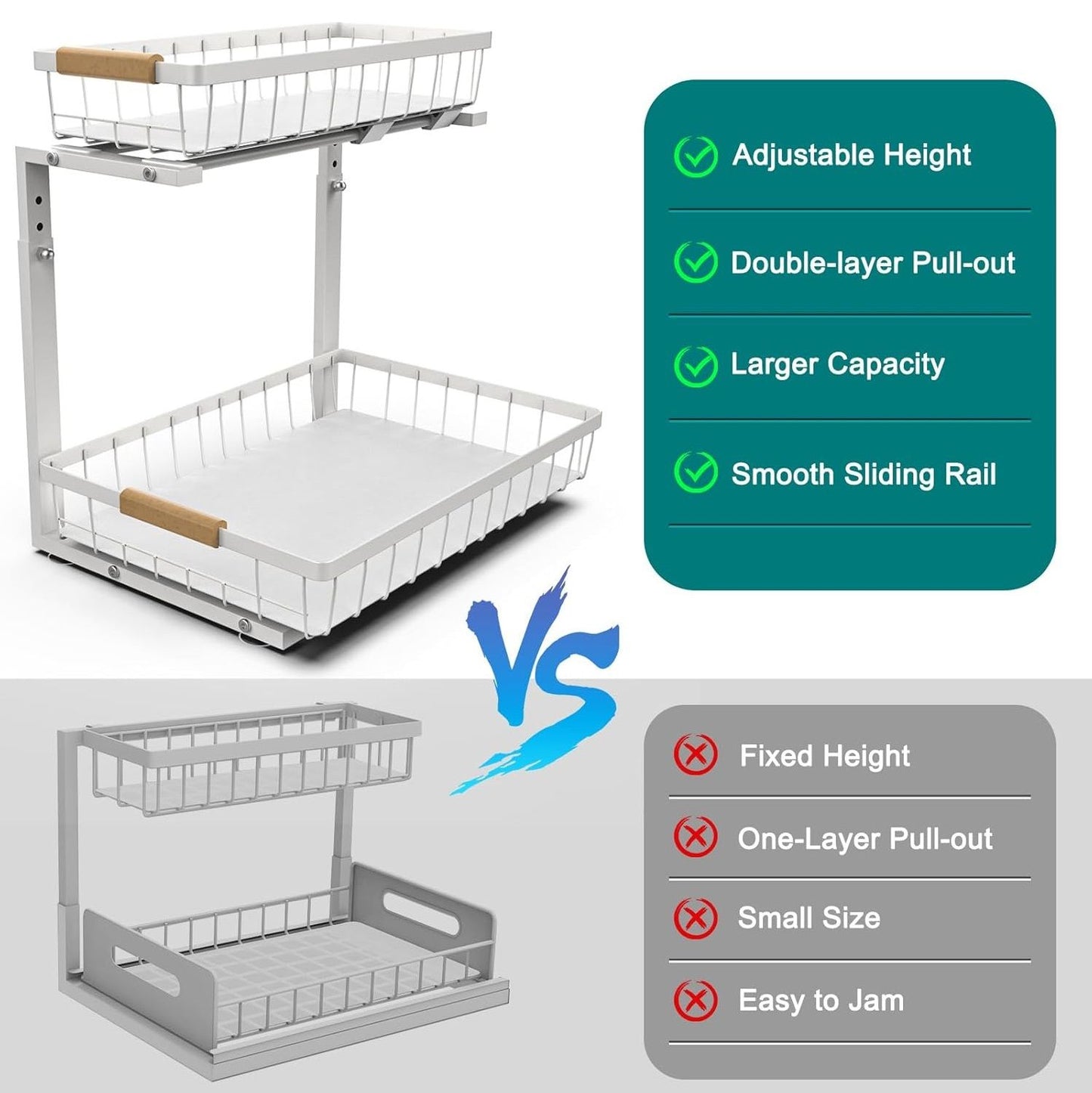 2-Tier Kitchen Under Sink Organiser Storage with Height Adjustable, Unique Slide Rail & Suction Cups for Storage