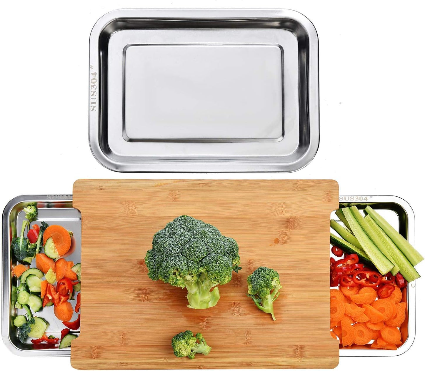 Chopping Board with with 2 Organiser Stainless Steel Trays Containers