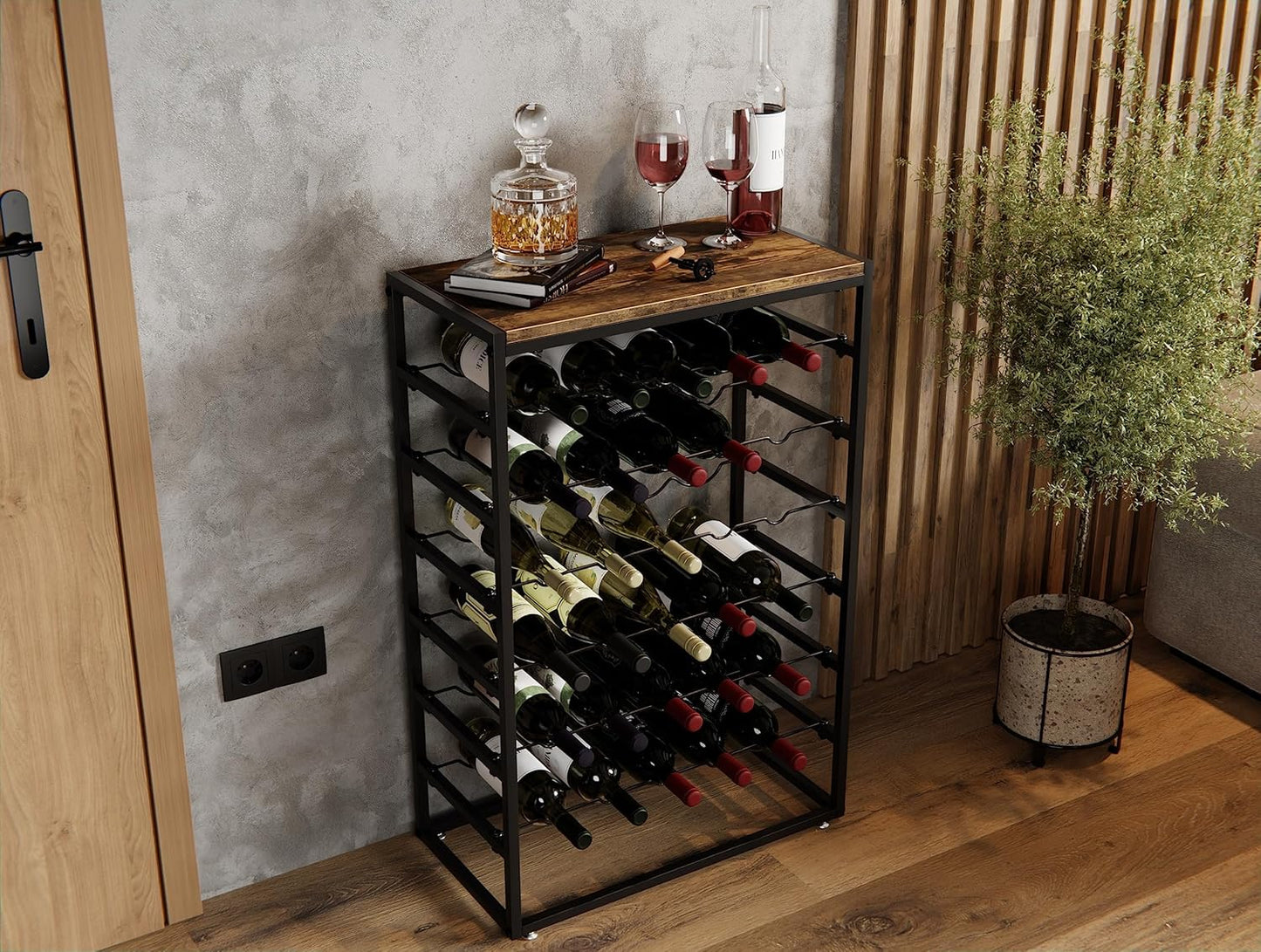 6-Tier Freestanding Wine Rack for 30 Bottles with Wood Countertop and Sturdy Metal Frame