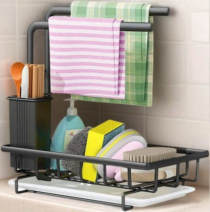 Sink Caddy Sponge Holder with Drain Tray, Brush Holder & Dishcloth Holder for Kitchen