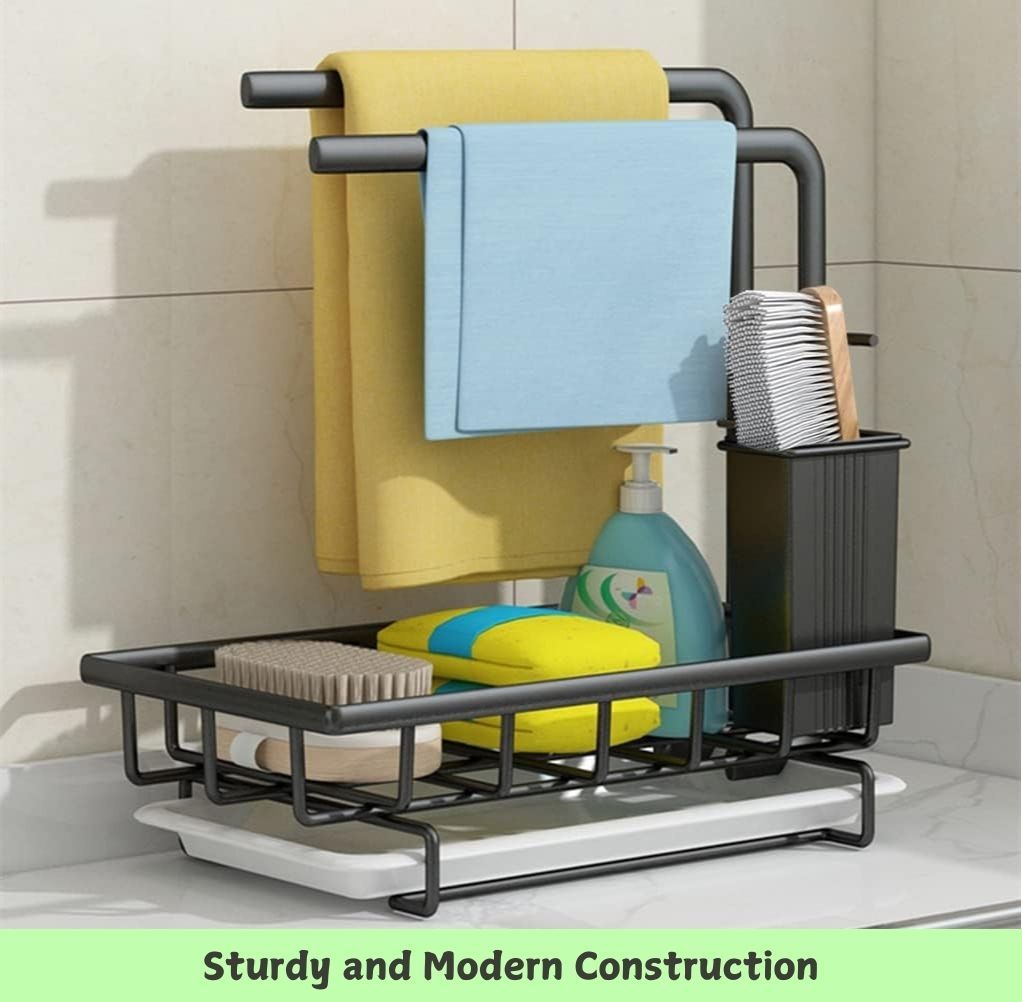 Sink Caddy Sponge Holder with Drain Tray, Brush Holder & Dishcloth Holder for Kitchen