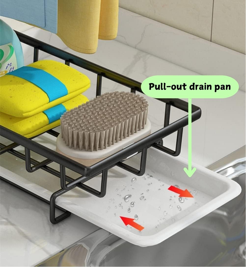 Sink Caddy Sponge Holder with Drain Tray, Brush Holder & Dishcloth Holder for Kitchen