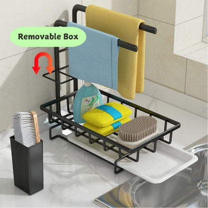 Sink Caddy Sponge Holder with Drain Tray, Brush Holder & Dishcloth Holder for Kitchen