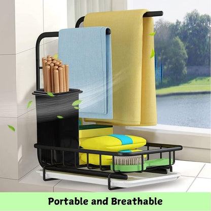 Sink Caddy Sponge Holder with Drain Tray, Brush Holder & Dishcloth Holder for Kitchen