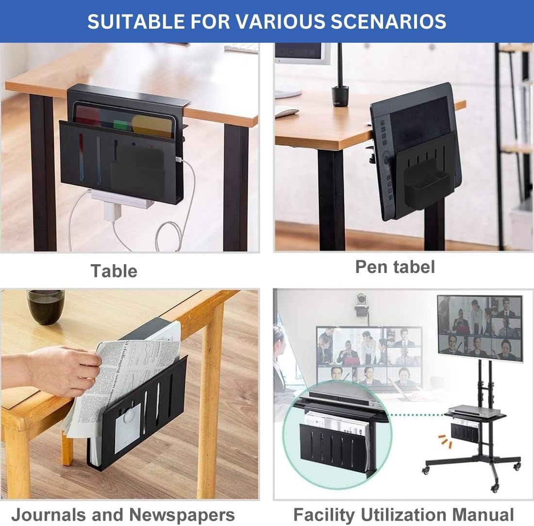 Under Desk Side Laptop Holder Storage with No Drill Cable Management Tray and Pen Storage for Office and Home