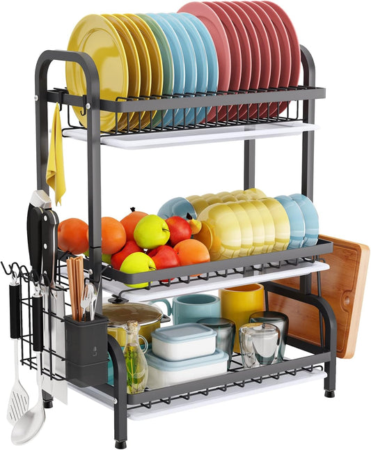 Dish Drying Rack 3 Tier Large Capacity Kitchen Storage with Utensil and Cutting Board Holder