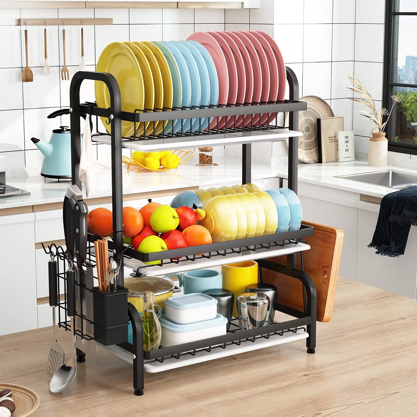 Dish Drying Rack 3 Tier Large Capacity Kitchen Storage with Utensil and Cutting Board Holder