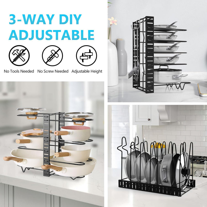CARLA HOME Adjustable 8-Tier Pan Rack Pot Organizer for Kitchen Cabinet