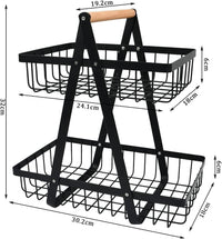 CARLA HOME 2-Tier Fruit Basket Stand for Kitchen Countertop for Fruits, Vegetables, Bread & Snacks with Wooden Handle