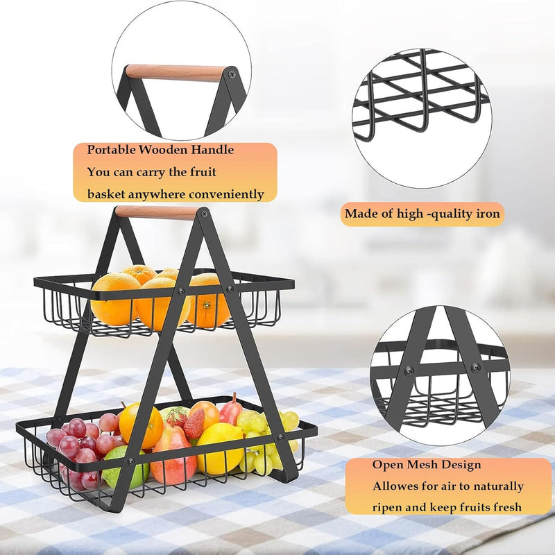 CARLA HOME 2-Tier Fruit Basket Stand for Kitchen Countertop for Fruits, Vegetables, Bread & Snacks with Wooden Handle