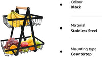 CARLA HOME 2-Tier Fruit Basket Stand for Kitchen Countertop for Fruits, Vegetables, Bread & Snacks with Wooden Handle