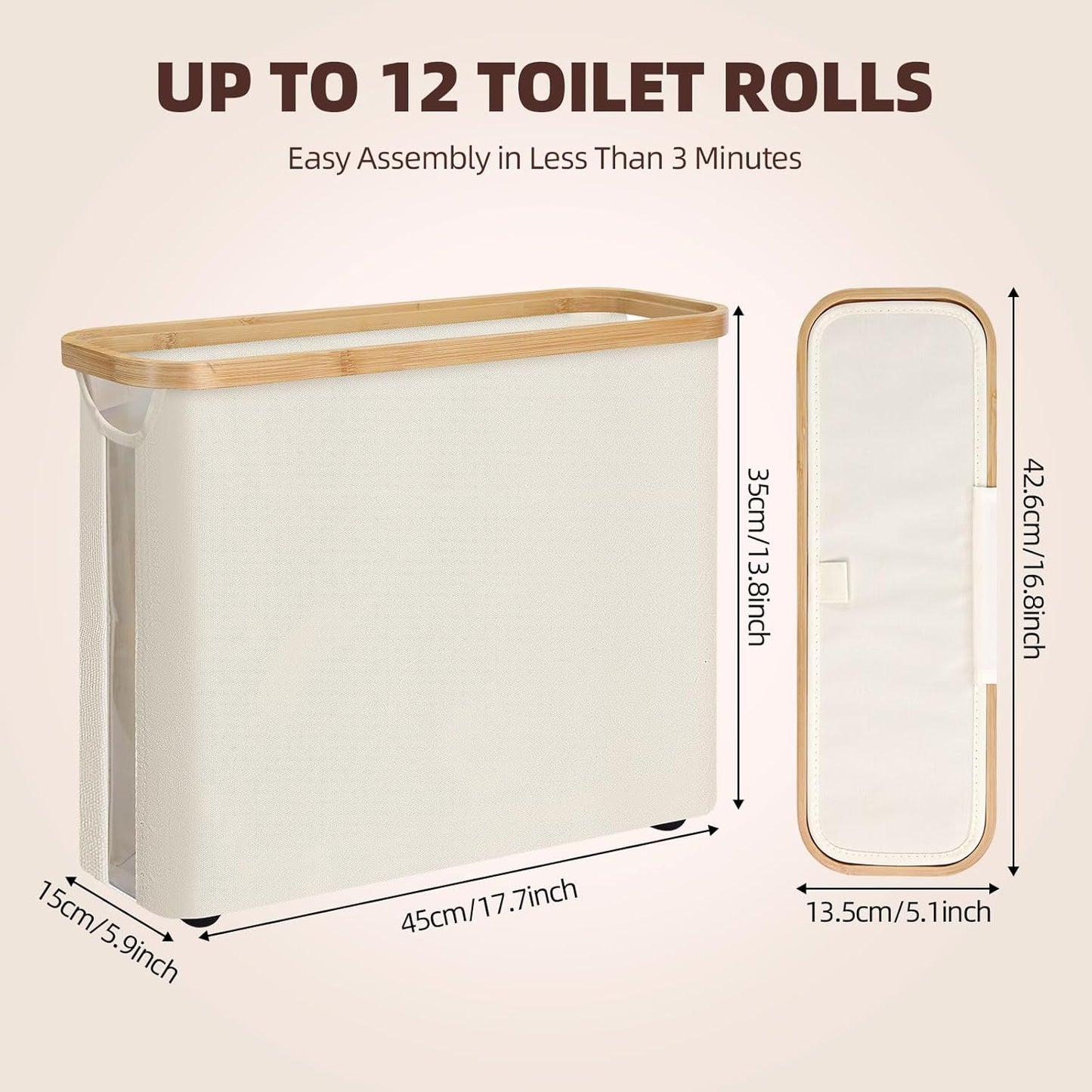 CARLA HOME Toilet Paper Storage Basket Holds Up to 12 Rolls with Bamboo Lid and Handle for RV Closet (White)