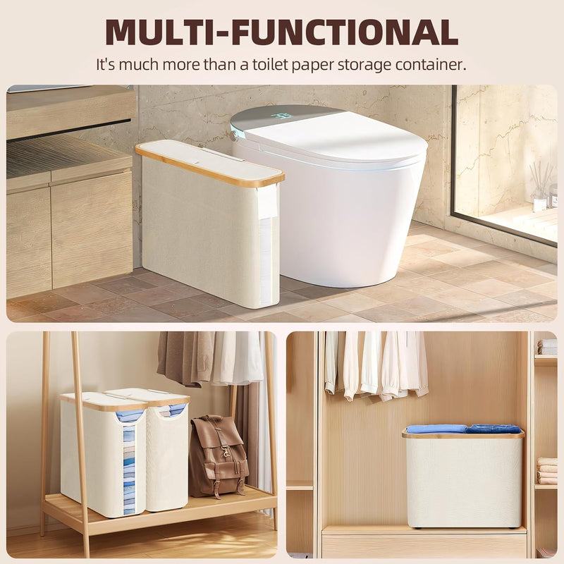 CARLA HOME Toilet Paper Storage Basket Holds Up to 12 Rolls with Bamboo Lid and Handle for RV Closet (White)