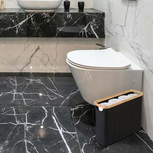 CARLA HOME Toilet Paper Storage Basket Holds Up to 12 Rolls with Bamboo Lid and Handle for RV Closet (Black)