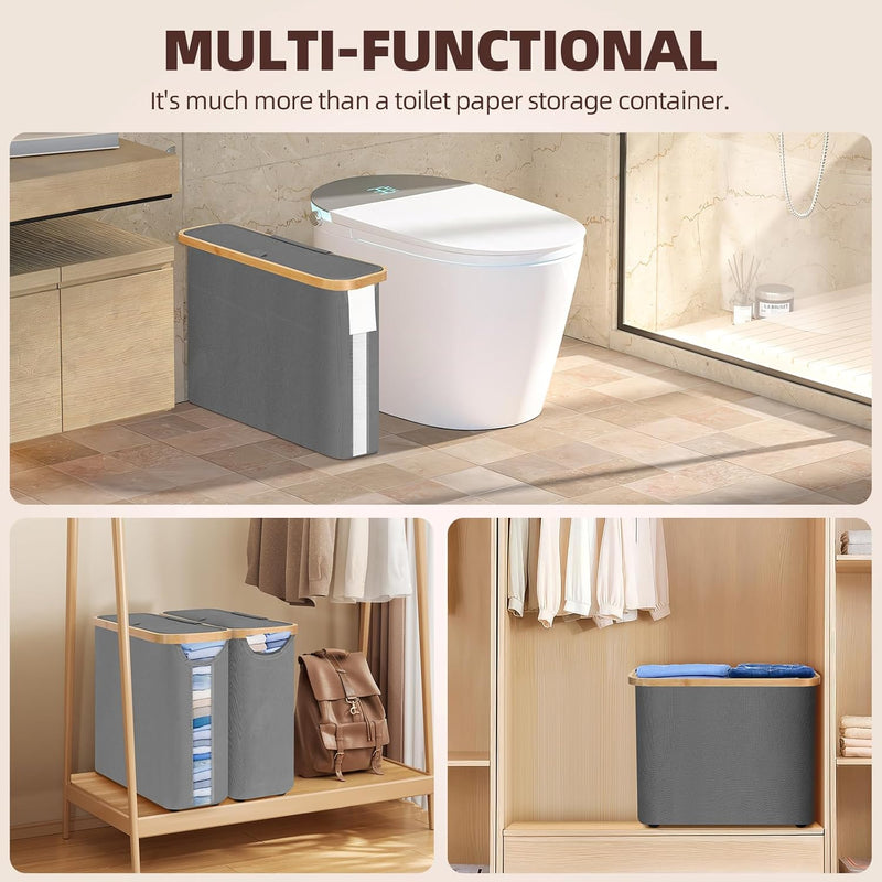 CARLA HOME Toilet Paper Storage Basket Holds Up to 12 Rolls with Bamboo Lid and Handle for RV Closet (Grey)